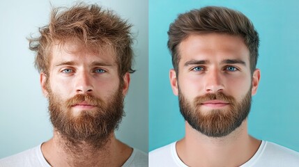 A side-by-side portrait of a young Caucasian man featuring two distinct looks, contrast of hair style, comparison