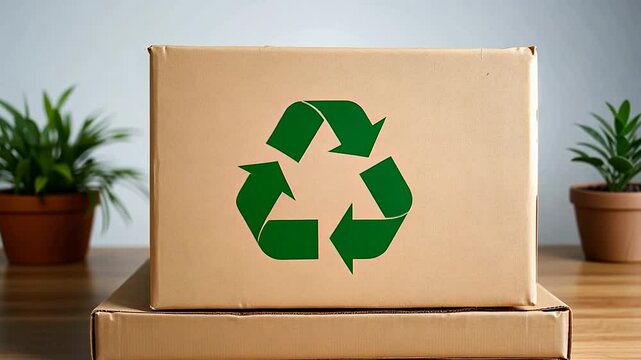 Backward camera slider dolly movement showing cardboard box with green recycling symbol on it on top of a wooden table
