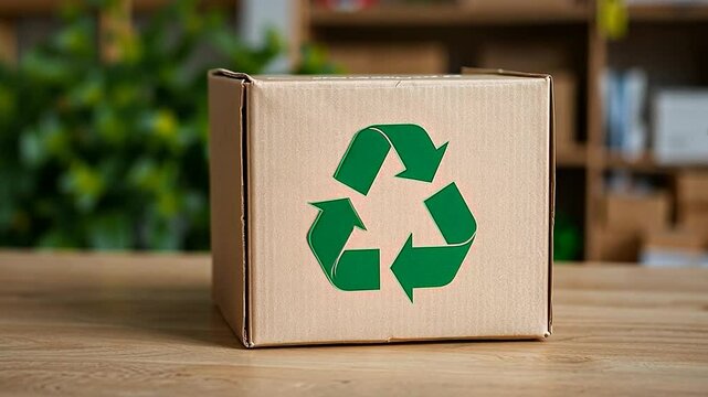 Sideways camera slider dolly movement showing cardboard box with green recycling symbol on it on top of a wooden table