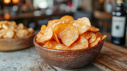 Close-up of a bowl filled with golden, crispy potato chips, perfect for snacking or enjoying during game day in a cozy setting