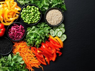 Colorful fresh vegetable arrangement kitchen food photography culinary art overhead view healthy eating concept