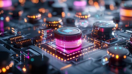 Futuristic Circuit Board with Colorful Lights and Detailed Components