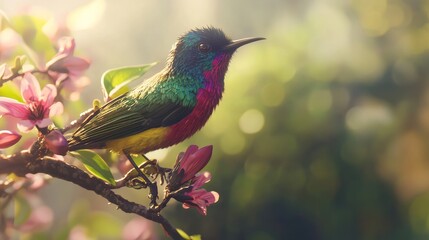 Obraz premium Vibrant Sunbird Perched on a Flowering Branch in Soft Morning Light, Capturing Nature's Beauty and Colorful Splendor