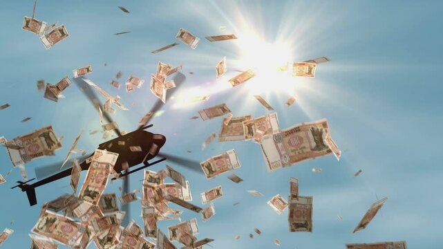 Moldova money Moldavian Lei banknotes helicopter money dropping. 100 MDL notes abstract 3d concept of inflation, money printing, finance, economy, crisis and quantitative easing.