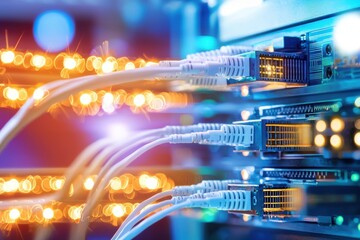 Fototapeta premium Network Cables Connected to Digital Server in Data Center Environment