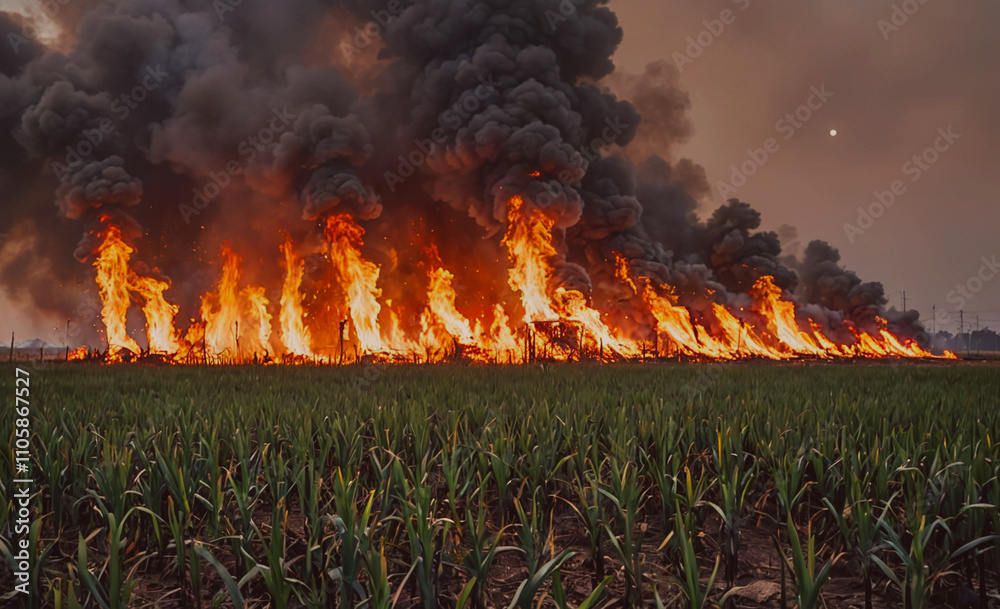 Poster field of green grass is on fire. the fire is very large and is in the middle of the field