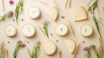 Swiss cheeses arranged on a beige limbo background, surrounded by fresh green grass, wheat stems, and wildflowers to evoke a natural environment.