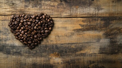 Heart Shaped Coffee Beans on Rustic Wooden Background. A Delightful Morning Treat