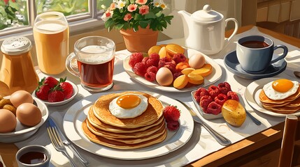 A beautifully set dining table for a brunch gathering, with pancakes, fruits, eggs, and freshly brewed coffee 