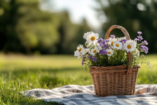wildflowers spilling from a rustic basket on a sunny picnic blanket, capturing the peaceful essence of a spring day, with a spring theme