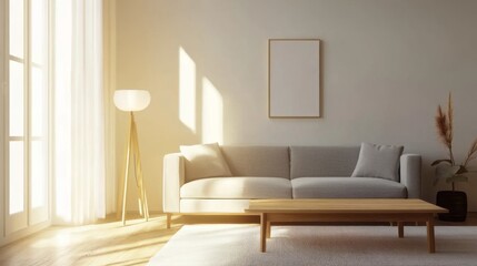Modern Minimalist Living Room Design with Natural Light.  A Stunning Interior Featuring a Cozy Sofa and Wooden Coffee Table. Perfect for a Relaxing and Peaceful Home Environment.