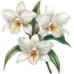 Fototapeta premium Exquisite Botanical Illustration of Three Elegant White Orchids with Detailed Veining and Lush Green Foliage.