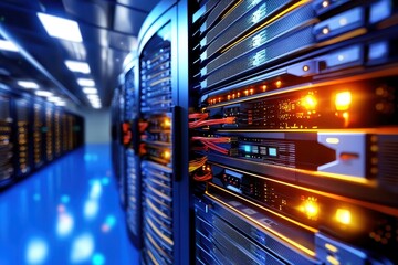 Data Center Interior with Rows of Servers and Bright Lights