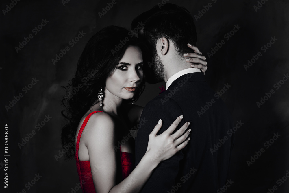 Poster portrait of beautiful pretty charming woman with curls looking at camera touching mysterious man wit