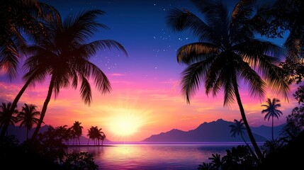 Obraz premium Vibrant Sunset Over Calm Water with Palm Trees and Mountain View