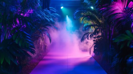 Fototapeta premium Neon Jungle Path: A Vibrant Walkway Underneath Glowing Palm Trees