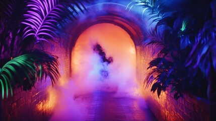 Enthralling Neon Tunnel with Tropical Plants and Mystical Fog - A Vibrant Architectural Passageway