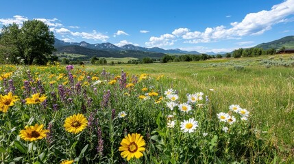 Fototapeta premium Scenic Wildflower Meadow with Mountains and Blue Sky in Background