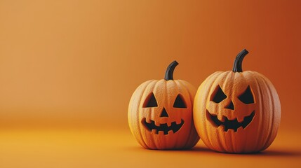 Two Spooky Jack-o'-lanterns on an Orange Background. A Festive Halloween Design. Perfect for Halloween Decorations.