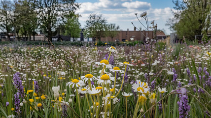 Vibrant spring flower meadow with blooming wildflowers in red, pink, purple, and white, including poppies, tulips, and daisies, set against green hills, scattered trees, and a clear sky