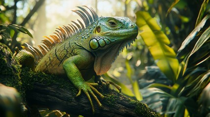 Detailed Photorealistic Iguana in Lush Green Jungle with Natural Light and Intricate Textures