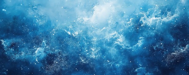 A serene blue abstract image resembling ocean waves and mist, creating a calming atmosphere filled with shimmering particles.