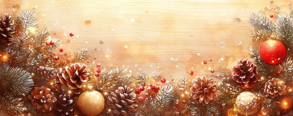 A festive arrangement of pinecones, ornaments, and greenery on a wooden background, evoking the warmth and joy of the holiday season.