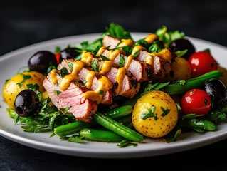 Delicious grilled chicken salad with colorful veggies gourmet kitchen food photography elegant dining close-up culinary art