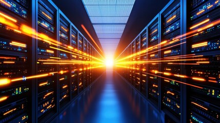 Fototapeta premium Glowing Data Center Aisle with Bright Light and Server Racks