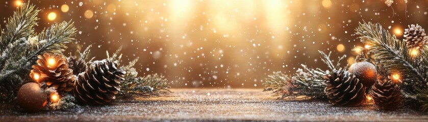 A serene winter scene featuring pinecones, ornaments, and gentle snowfall, creating a cozy holiday atmosphere.