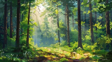 Fototapeta premium Beautiful forest landscape with tall green trees under morning sun.