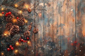 A festive arrangement featuring pinecones, red berries, and warm lights on a rustic wooden surface, perfect for holiday decor.