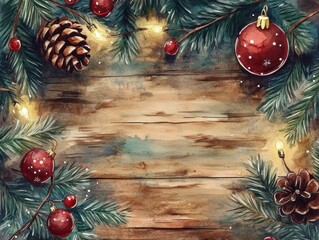 A festive arrangement featuring pine branches, ornaments, and cones on a rustic wooden background, perfect for holiday themes.