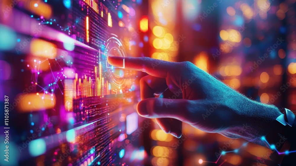 Poster Digital Touch on a Futuristic Data Interface with Colorful Lights