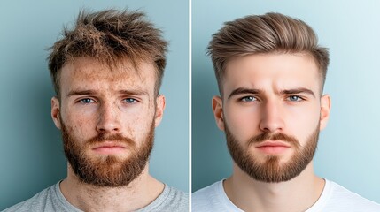 Fototapeta premium A side-by-side transformation of a young Caucasian male with a beard, showcasing a natural and groomed look., contrast of hair style, comparison