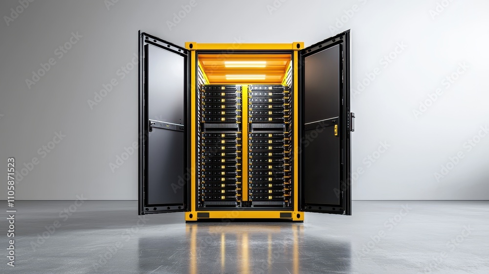 Poster yellow server rack cabinet with open doors in modern data center