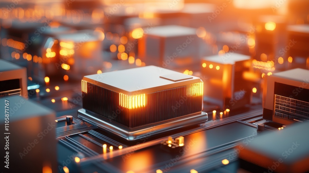 Poster close-up of modern microchips and circuit board with glowing lights