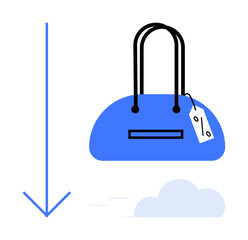 Handbag with price tag, blue download arrow, and cloud elements. Ideal for online shopping, e-commerce, retail sales, fashion, digital marketplaces discounts store promotions. Line metaphor