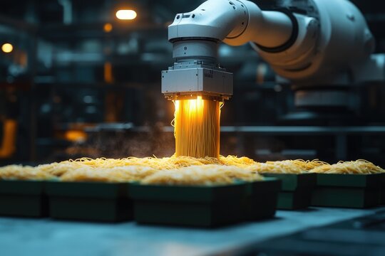 A robotic arm neatly packaging bundles of spaghetti into eco-friendly boxes, sleek and minimalistic factory design, futuristic atmosphere, vivid details