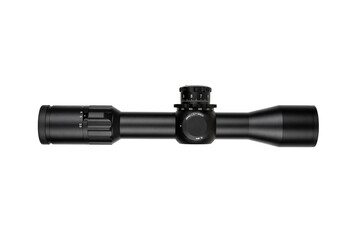 High-quality rifle scope with adjustment knobs, black matte finish, precision optics, ideal for hunting and shooting sports, isolated on a white back