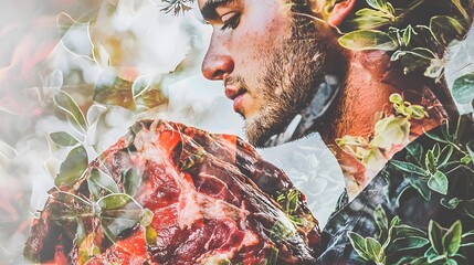 Close-up of a butcher's focused expression, merged with an image of a raw beef roast, representing dedication.Double Exposure.[Beff]:[Butcher] 