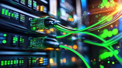 Naklejka premium Colorful Network Cables Connected to Server Rack in Data Center