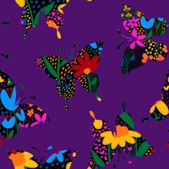Abstract Hand Drawing Digital Paint Watercolor Ditsy Small Flowers Textured Cute Flying Butterflies Seamless Textile Pattern Isolated Background
