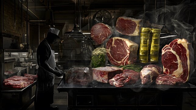 Silhouette of a butcher in a traditional meat market, overlaid with an image of various beef products.Double Exposure.[Beff]:[Butcher] 