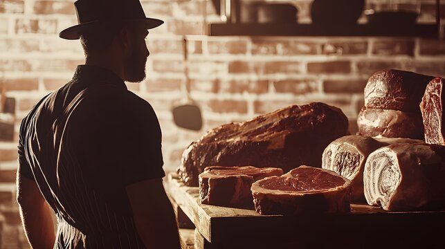 Silhouette of a butcher in a traditional meat market, overlaid with an image of various beef products.Double Exposure.[Beff]:[Butcher] 