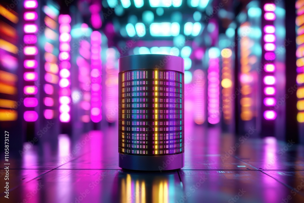 Poster Futuristic Data Center with Colorful LED Lights and Digital Displays