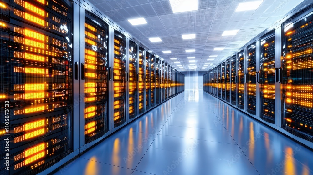 Poster Futuristic Data Center with Illuminated Server Racks and LED Lights