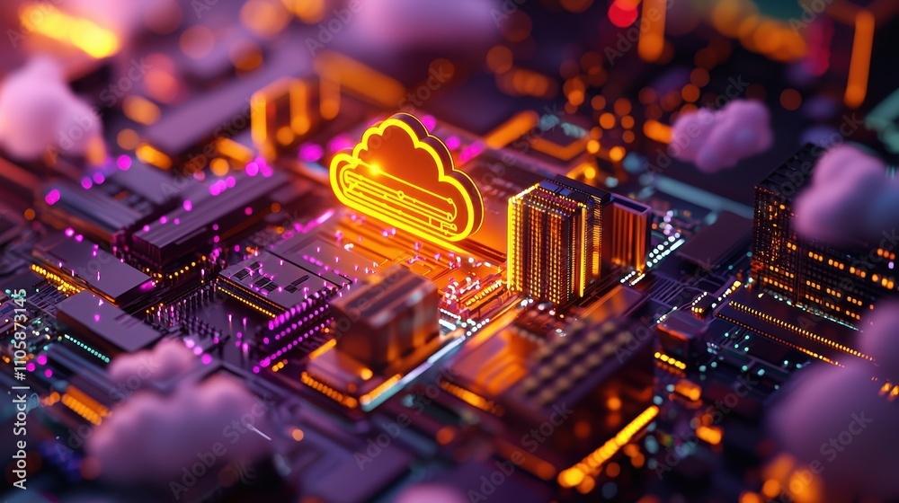 Poster futuristic cloud computing concept in digital cityscape design