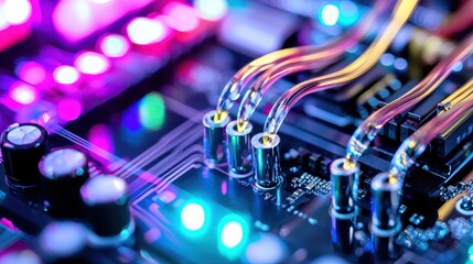 Fototapeta premium Colorful Circuit Board Close-Up with Neon Lighting and Connections