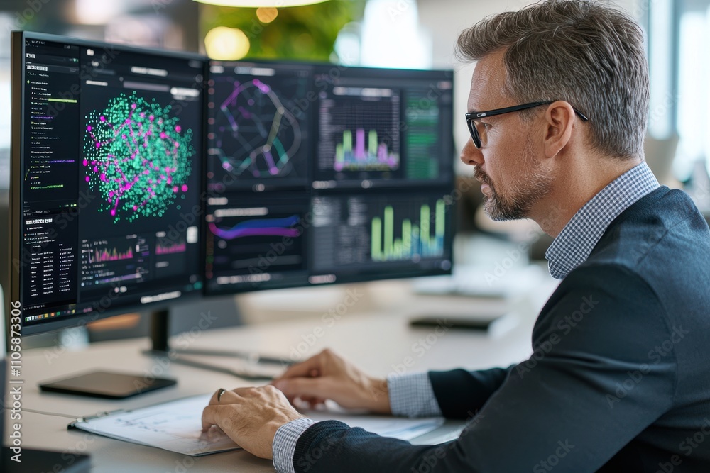 Poster Professional Male Analyzing Data Visualization on Multiple Monitors